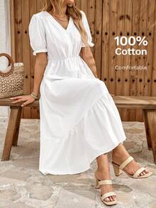 Faunlyn Women's Solid Color V-Neck Long Dress With Raglan Short Sleeves And Embroidery - 白色 - 查看 8