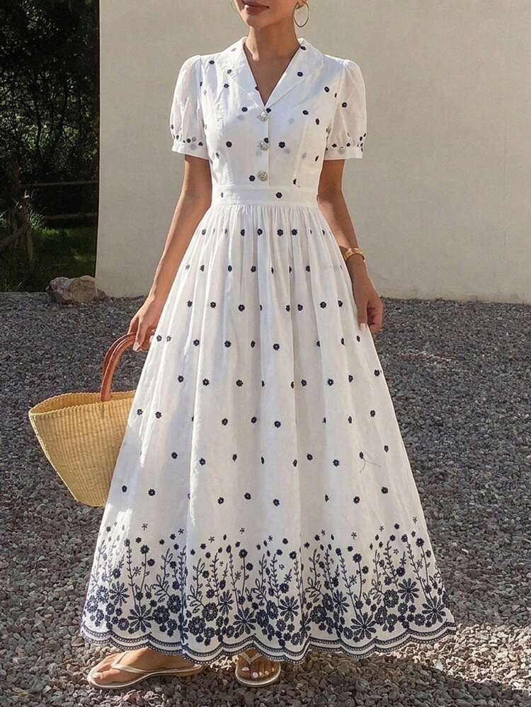 Women's Summer Vacation Floral Embroidery Waist Cinched Short Sleeve Dress