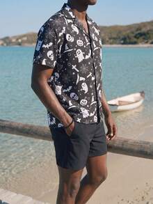 Surfspeed Chemise à manches courtes et short à imprimé fantôme, en tenue de plage pour homme - Noir et Blanc - Voir 3