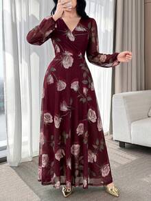 Nuevo vestido elegante y encantador de cintura ceñida con flores de rosa para mujeres de alta gama - Burdeos - Ver 3