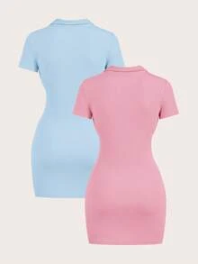 SHEIN BASICS Bộ 2 chiếc đầm ngắn dệt kim cổ bẻ màu trơn dáng casual có khóa kéo nửa thân dành cho nữ. - Nhiều màu - Xem 2