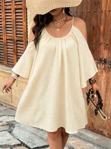 Weeklong Plus Size Round Neck Ruched Pleated Split Flare 3/4 Sleeve Casual A-Line Dress - Apricot - View 5