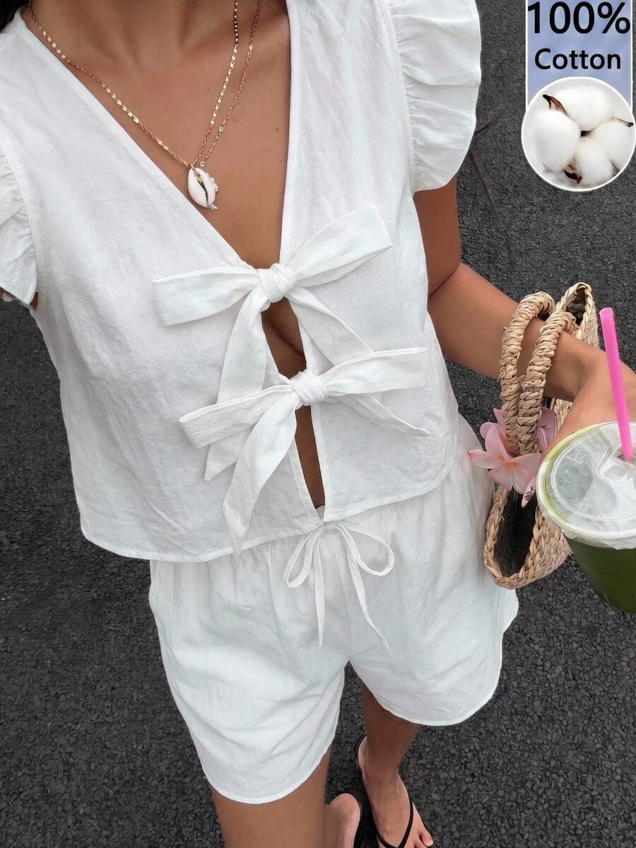 SHEIN EZwear 女士白色梭织衬衫系带短裤休闲套装 - 白色 - 查看 1