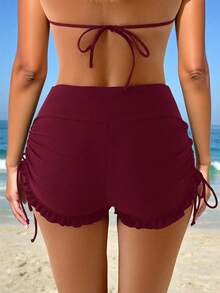 Swim Lushoire Quần bơi nữ mùa hè kiểu dáng thường ngày đi biển, có dây rút bên hông và viền bèo nhún. - Màu Đỏ Sâu - Xem 2