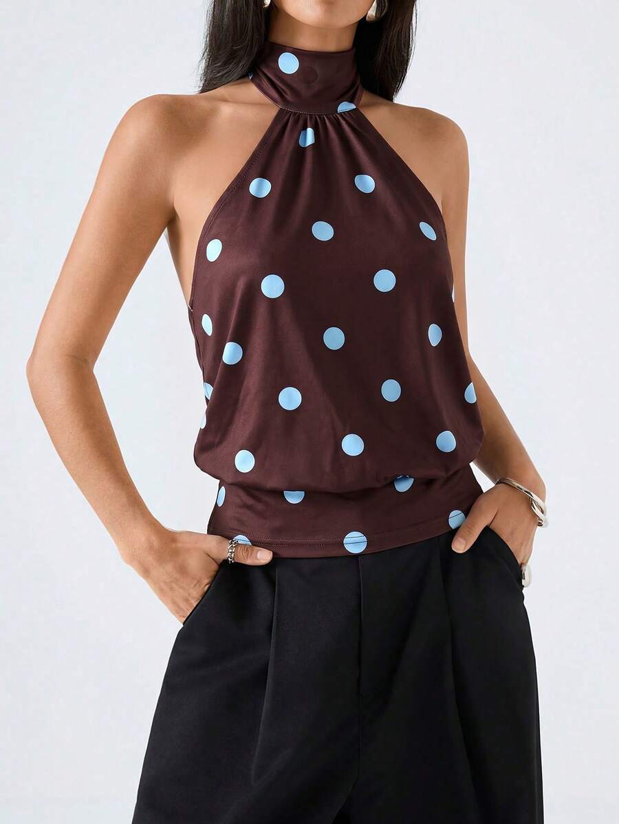 LYSMO Women's Polka Dot Print Halter Neck Tie Back Camisole, Fashionable For Dates And Travel - Chocolate Brown - View 1