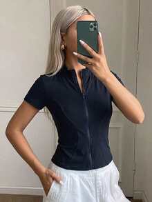 DAZY Áo khoác nữ dáng ôm in họa tiết da báo, cổ đứng, tay dài, kiểu dáng thường ngày, nhẹ nhàng. - Màu xanh hải quân - Xem 5