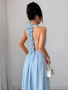 SHEIN Elenzya 优雅浪漫度假派对露背荷叶边镂空A字蓝色连衣裙（女款） - 藍色 - 查看 2