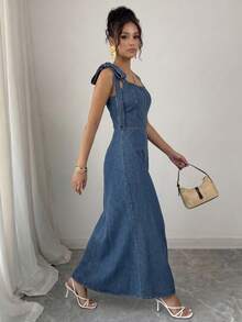 Elenzga Đầm denim không tay ôm dáng, cổ vuông, màu trơn dành cho nữ - Màu xanh lam - Xem 4