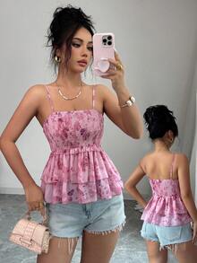 Elenzga Women's Casual Vacation Chiffon Butterfly Print Asymmetric Layered Camisole, Summer Tank Top - Pink - View 1