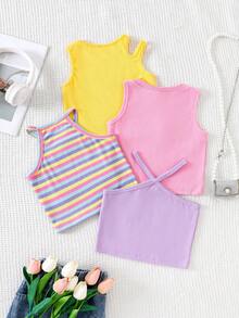 SHEIN Elladie kids 4件套夏季新款少女彩色多巴胺上衣套装，针织面料浅粉色无袖圆领上衣+黄色不对称镂空肩上衣+紫色交叉上衣+条纹上衣，可爱休闲时尚，适合小女孩 - 彩色 - 查看 2