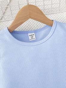 SHEIN Elladie kids 两件套女童时尚黄色圆领喇叭袖上衣+柠檬印花3D蝴蝶结短裤套装，别致休闲装，适合日常、海滩、度假、夏季穿着 - 淺藍色 - 查看 6