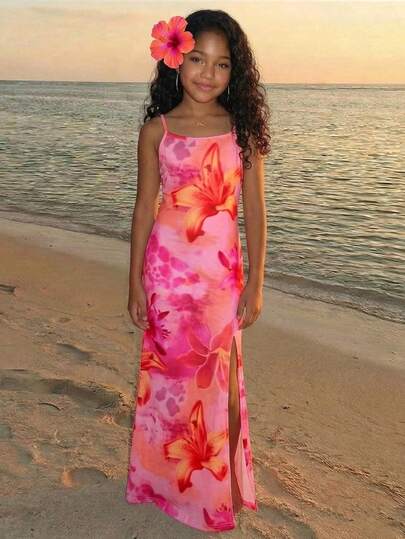 Travachic KIDS Tween Girls' Summer Vacation Beach Floral Print Slit Strap Dress