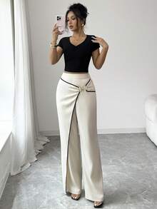 Elenzga Quần ống rộng phối màu mơ ánh kim sang trọng dành cho nữ - Màu be - Xem 5