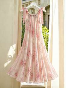 SHEIN Franclia Đầm hoa lãng mạn cho kỳ nghỉ hè, đầm dài màu hồng họa tiết hoa, đầm chữ A xòe rộng họa tiết hoa cho nữ. - Nhiều màu - Xem 4