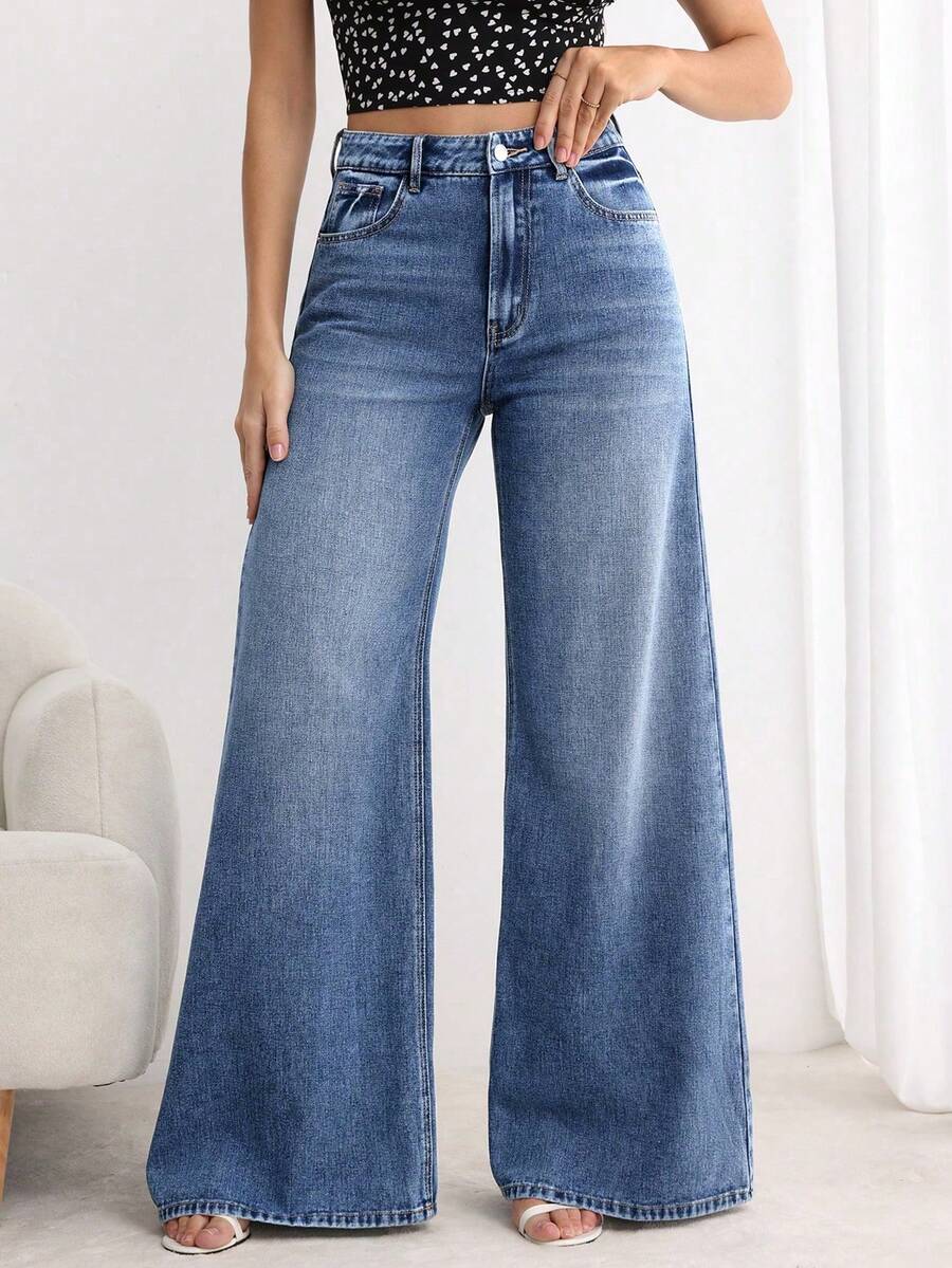 SHEIN PETITE Quần jean ống rộng dáng rộng có túi dành cho nữ, kiểu dáng thường ngày. - Rửa nhẹ - Xem 1
