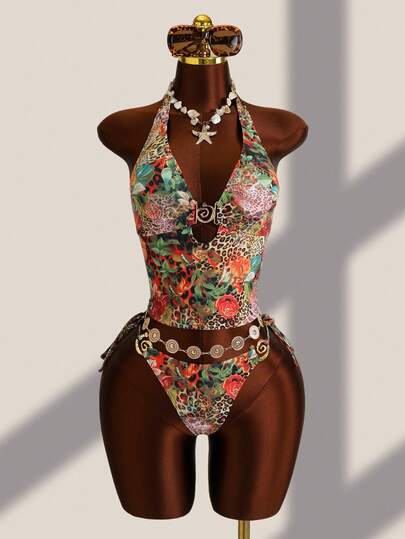 Zestiva Set de tankini de 2 piezas con decoración de metal y estampado aleatorio para mujeres, ideal para vacaciones de verano y playa