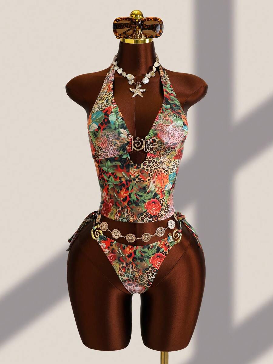 Zestiva 2pcs Women's Summer Beach Vacation Random Print Metal Decor Tie Side Triangle Tankini Set - Multicolor - View 1