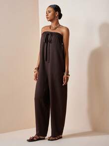 Zivah Bộ jumpsuit màu nâu dáng quây, thanh lịch, hiện đại, thích hợp cho kỳ nghỉ biển năm 2026, phong cách nghỉ dưỡng, đi làm, phong cách bohemian, có xếp ly phía trước, chất liệu độc đáo, chất liệu vải màu nâu, phong cách bohemian, thanh lịch, hiện đại, thích hợp cho đi làm. - màu nâu - Xem 5