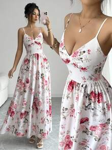 SHEIN Franclia Đầm dài hai dây thắt eo họa tiết hoa dành cho nữ, thích hợp cho kỳ nghỉ hè ở bãi biển. - Hồng - Xem 3