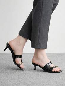 CUCCOO BIZCHIC 女款春夏新款黑色一體式露趾中跟涼鞋，簡約時尚舒適百搭通勤鞋 - !黑 - 查看 4