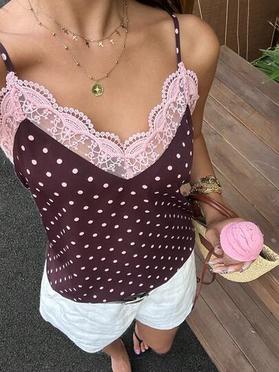 Serisse 2026 Women's Summer Beach Vacation Polka Dot Print Contrast Lace Camisole,Women Polka Dot V Neck Lace Trim Spaghetti Strap Cami Top,Women Cute Polka Dot Lace Trim V Neck Spaghetti Strap Cami Top For Summer Going Out,Women Y2K Polka Dot Lace Trim V Neck Cami Top Cute Summer Vacation Going Out Top,Beach Outfit, Date Night Outfit,Going Out Tops For Women,Summer Holiday Outfits,Casual T-Shirt For Women,Holiday Outfits For Women,Casual Blouse For Women