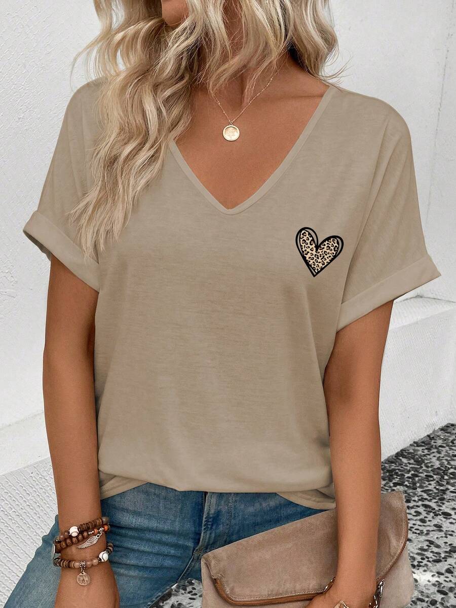 EMERY ROSE New Fashion Casual Women T-Shirt With Heart And Leopard Print Elements, V-Neck - Khaki - View 1