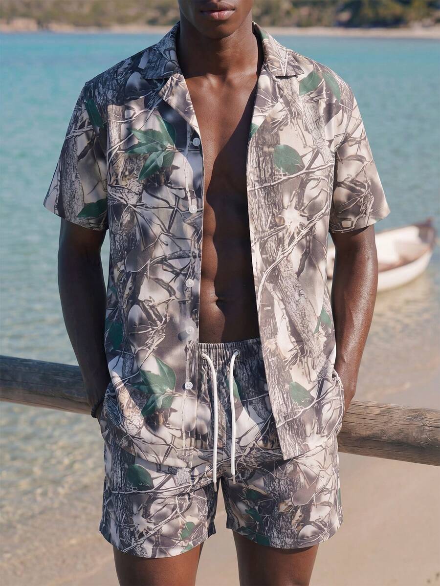 Surfspeed Men's Holiday Casual Branch Print Short Sleeve Shirt And Shorts Beach Outfit Men Swim Trunks - Multicolor - View 1