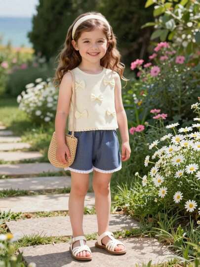 SHEIN Genkimix Kids Conjunto de 2 piezas para niñas: Top de punto hueco + Shorts con flecos, Chaleco sin mangas con decoración de lazo, Adecuado para actividades al aire libre en verano