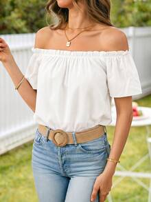 SHEIN VCAY Blus Wanita Warna Polos dengan Ruffle, Lengan Pendek, Model Off Shoulder, Modis, Warna Putih, untuk Liburan Musim Panas dan Kasual - Putih - View 10