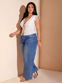 SHEIN BAE 夏季大码优雅纯色蕾丝边拼接吊带背心 - 白色 - 查看 6