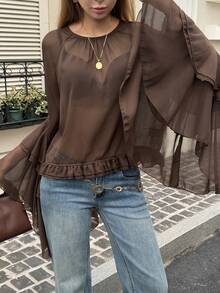 Women's Round Neck Ruffle Trim Long Sleeve Casual Elegant Pullover Semi-Sheer Blouse - Brown - View 2