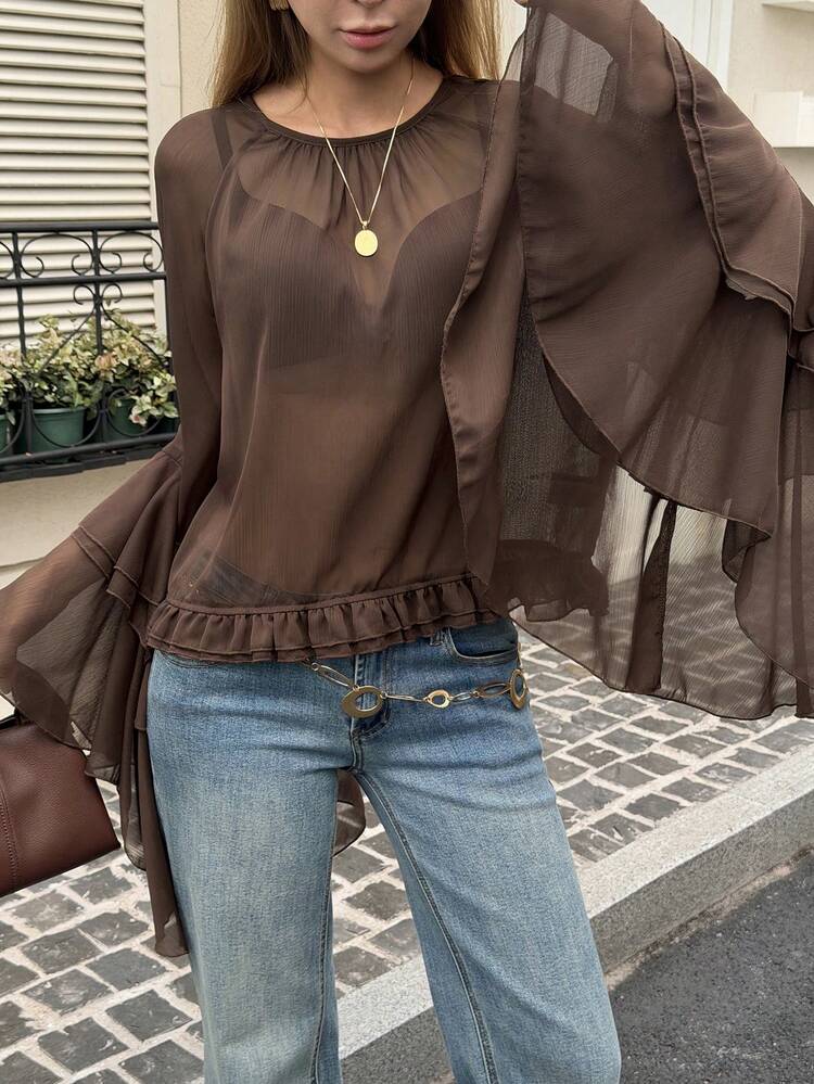 Women's Round Neck Ruffle Trim Long Sleeve Casual Elegant Pullover Semi-Sheer Blouse