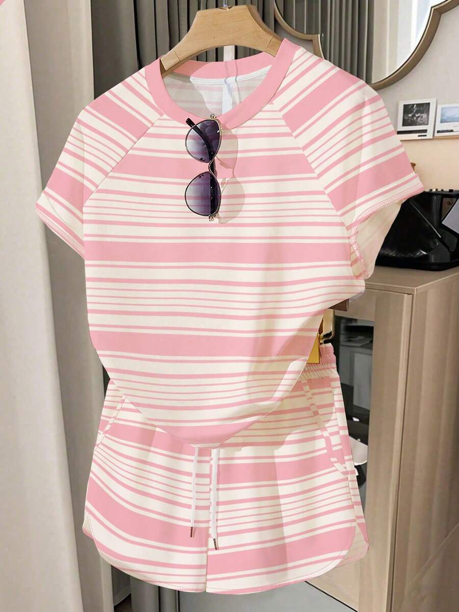 2pcs/Set Teen Girl Pink White Striped Raglan Sleeve T-Shirt&Drawstring Pocket Shorts,Summer Streetwear Party Minimalist Style Arc-Hem Essential Set - Multicolor - View 1