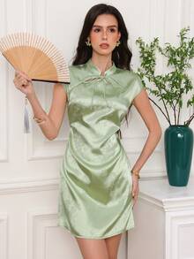 EastFlair Women's Jacquard Tie Neck Cap Sleeve Elegant Mini Dress - Aqua Green - View 3