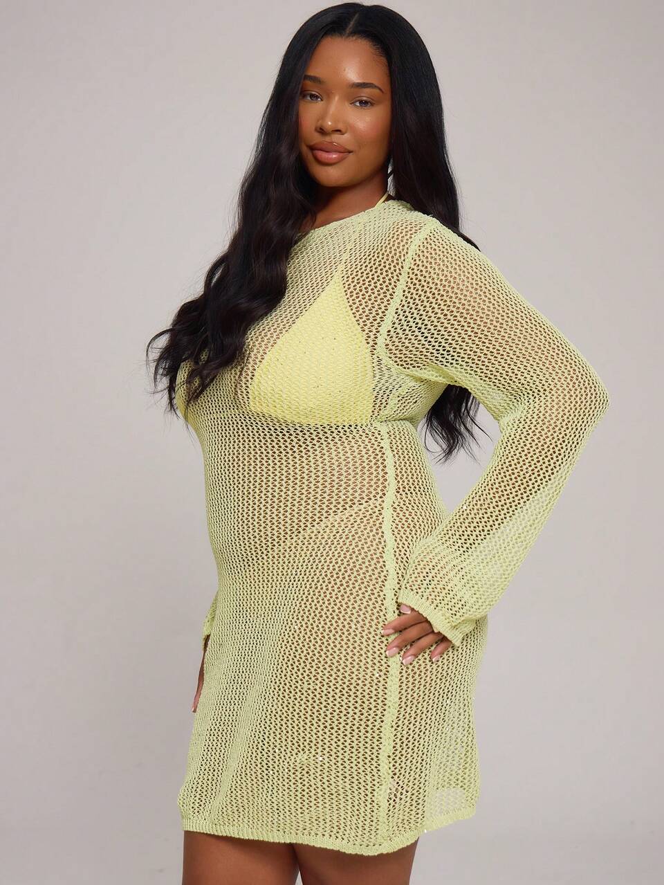 Curve Yellow Mesh Sheer Batwing Long Sleeve Tie Mini Beach Cover Up Dress