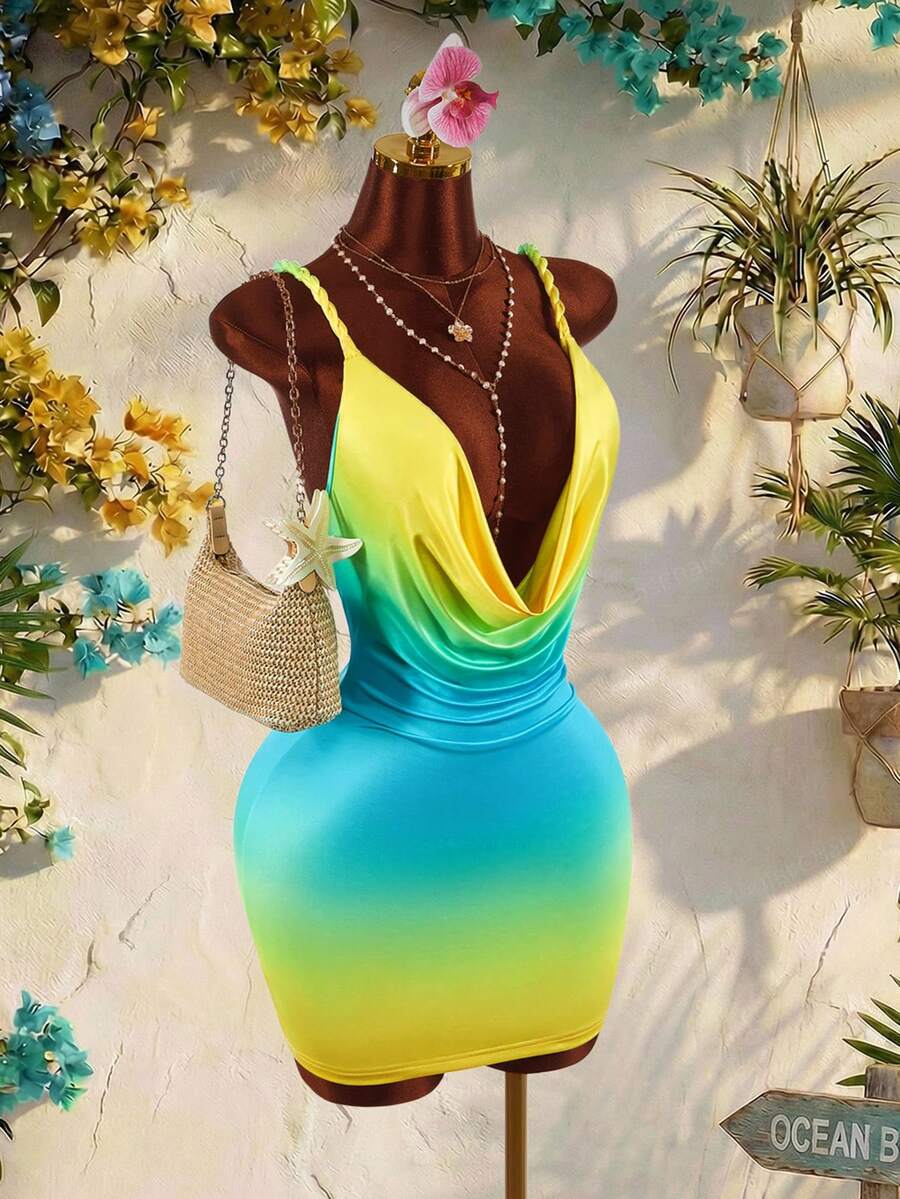 Amplova Plunging Neckline Rope Vacation Sleeveless Sexy Bodycon Ruched Mini Dress For Women