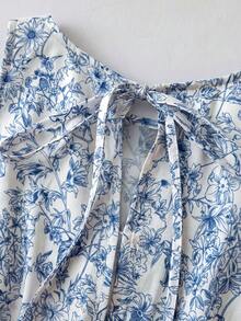 Ellevyn Bộ áo liền quần nữ không tay kiểu dáng thường ngày, cổ buộc dây và họa tiết in. - Xanh và trắng - Xem 4