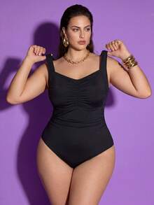 Shapewave Plus Size Women's Sexy Solid Black One-Piece Swimsuit, Suitable For Beach Holiday In Summer - Black - View 4