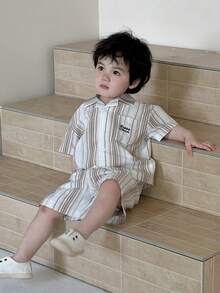 DAZY Bộ áo polo tay ngắn kẻ sọc dáng thường ngày cho bé trai - Màu Khaki - Xem 4