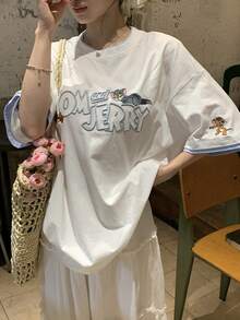TOM AND JERRY X DAZY 女款休閒韓風圓領短袖圖案T恤 - 白色 - 查看 4