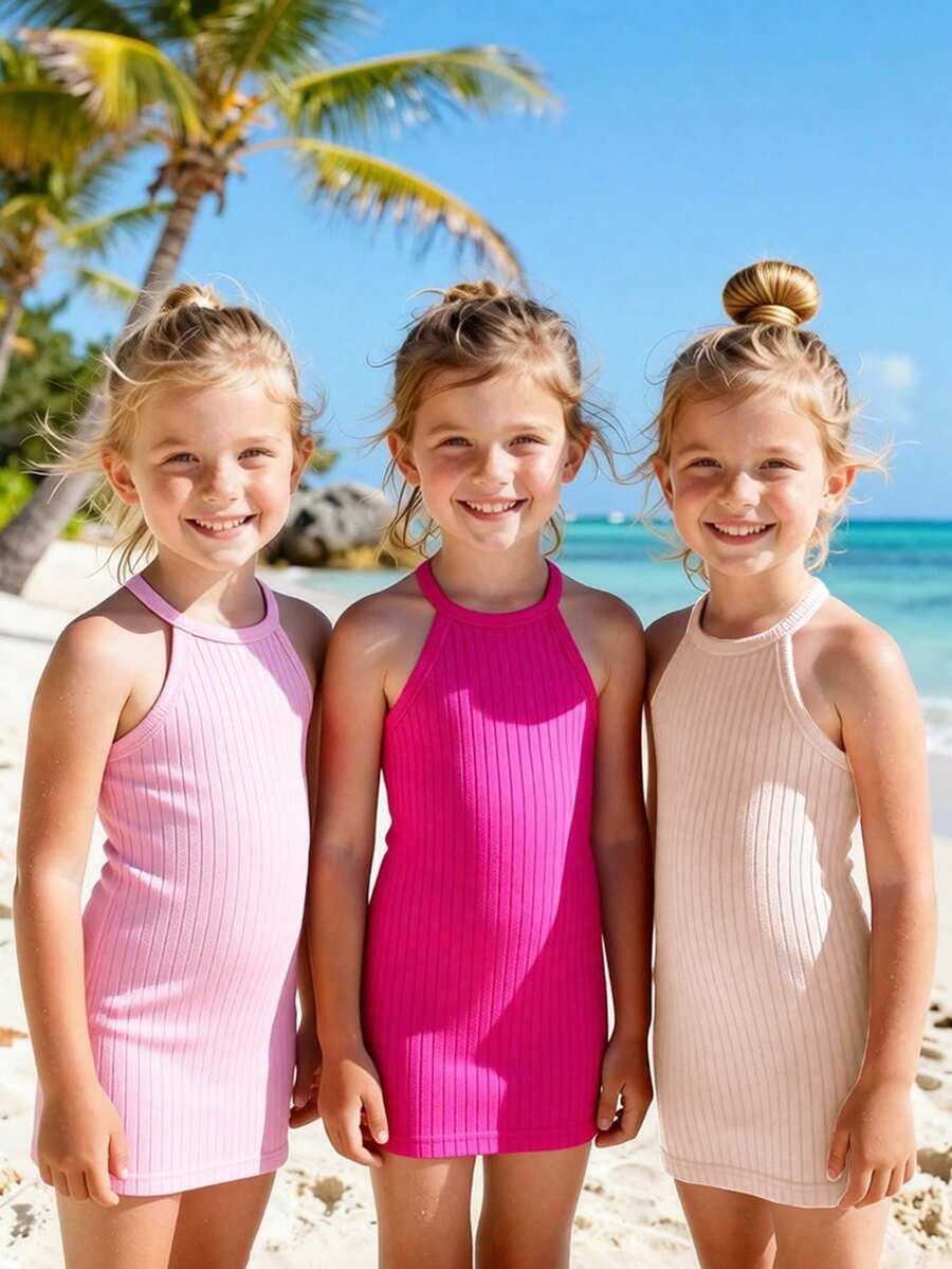 Elladie kids Set de 3 vestidos casuales sin mangas de unicolor para uso diario para niñas jóvenes - Multicolor - Ver 1