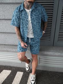 SLATEMANN 男士时尚百搭镂空单排扣短袖衬衫和抽绳腰带口袋短裤套装 - 淺藍色 - 查看 4