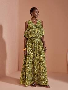 JIAN LASALA Multi Print Chiffon Loose Maxi Dress V Neckline Cold Shoulder - Multicolor - View 1