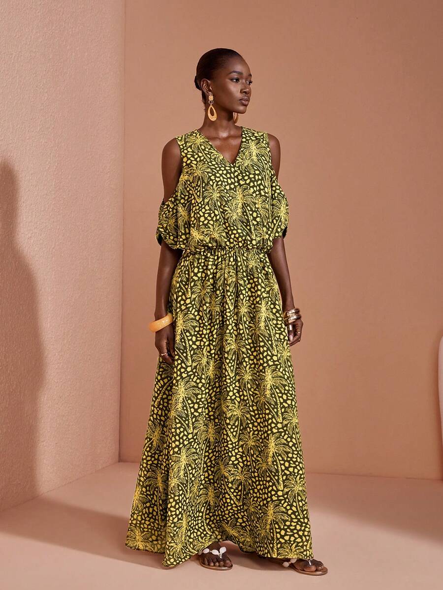 JIAN LASALA Multi Print Chiffon Loose Maxi Dress V Neckline Cold Shoulder - Multicolor - View 1