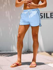 Palasendo Men's Summer Beach Vacation Drawstring Waist Contrast Piping Slant Pocket Loose Beach Shorts, Holiday - Baby Blue - View 4