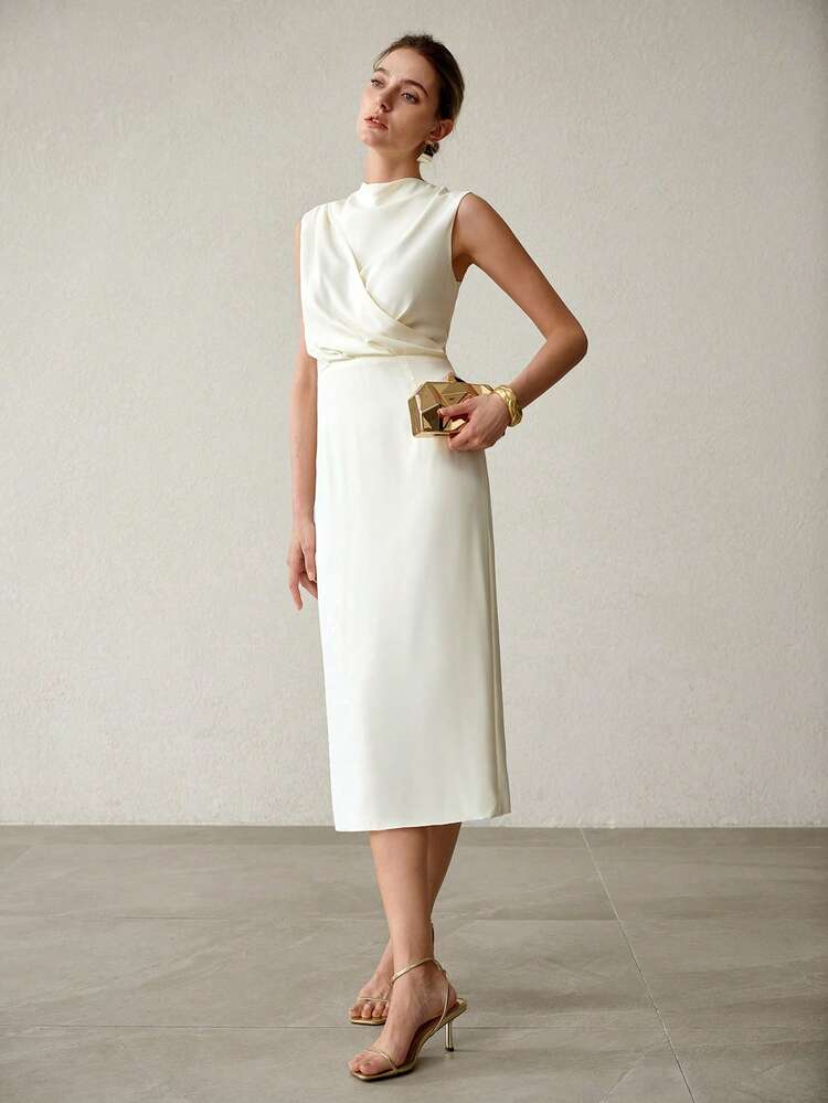 ELEGANT RUCHED WAIST SPLIT HEM BACK DRESS, SPRING/SUMMER
