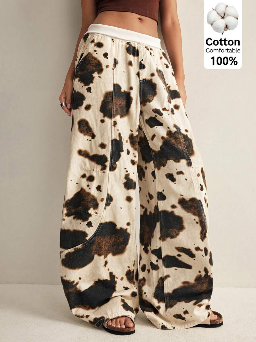 Easelle Women's Cow Print Pants, Milk Denim Wide Leg Loose Cotton Trousers, Autumn Oversized City Breaks, Casual Country Concert Summer Y2k Pants - Multicolor - View 1
