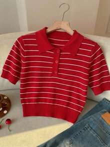 SHEIN EZwear Áo thun nữ tay ngắn cổ polo kẻ sọc, kiểu dáng thường ngày, thích hợp mặc đi làm, mùa hè. - Đỏ - Xem 6