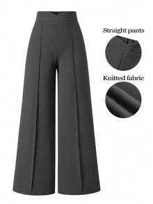 SHEIN LUNE Plus Size Women Fashion Minimalist Slimming Casual Versatile Seam Front Loose Wide Leg Pants - Dark Grey - View 1