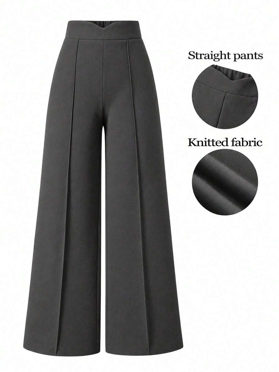 SHEIN LUNE Plus Size Women Fashion Minimalist Slimming Casual Versatile Seam Front Loose Wide Leg Pants - Dark Grey - View 1
